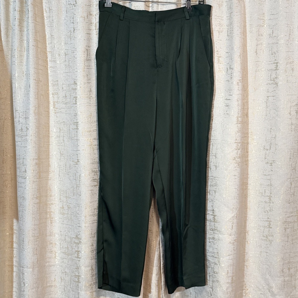 Jason Wu Satin Pleated Trousers Women L Forest Green Elastic Back Elegant office